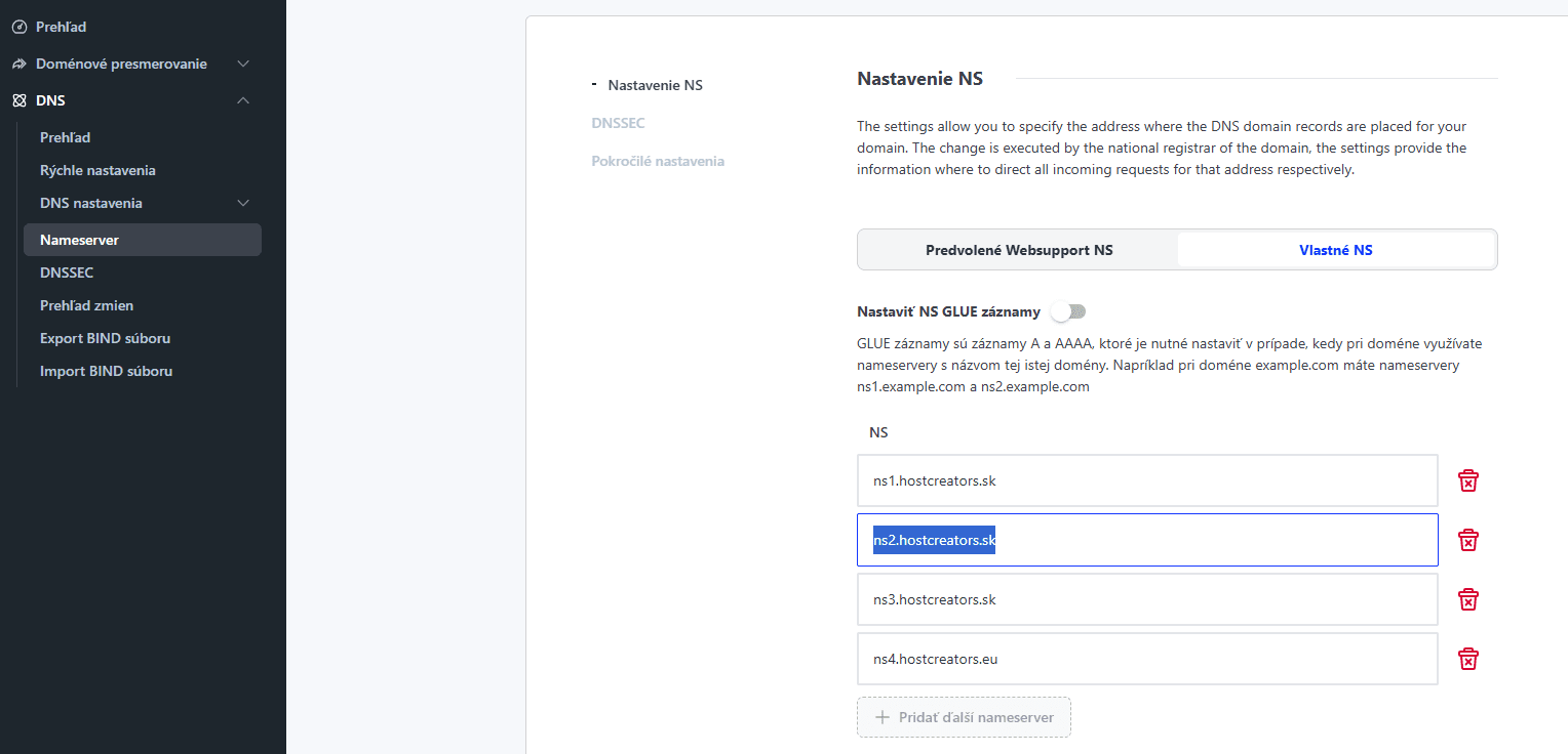 websupport dns namerserver